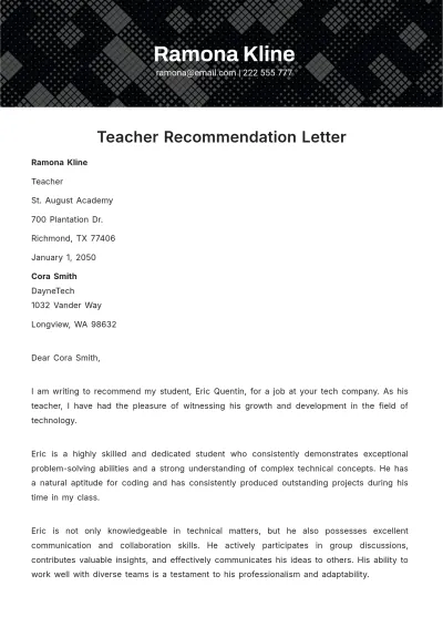 Free Teacher Recommendation Letter  Template to Edit Online