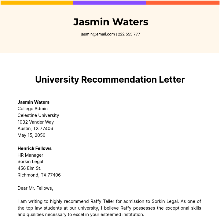Free University Recommendation Letter   Template