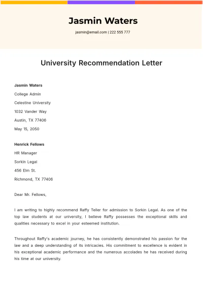Free University Recommendation Letter   Template to Edit Online