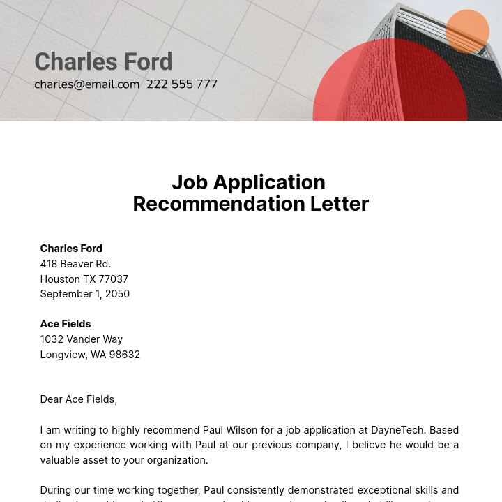 Free Job Application Recommendation Letter   Template