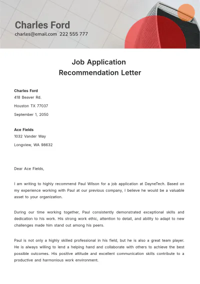 Free Job Application Recommendation Letter   Template to Edit Online
