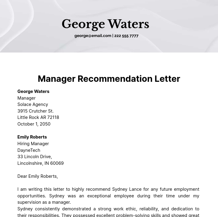 Manager Recommendation Letter   Template