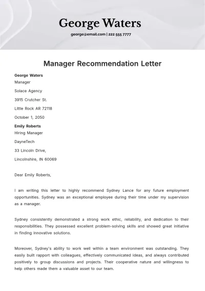 Free Manager Recommendation Letter   Template to Edit Online