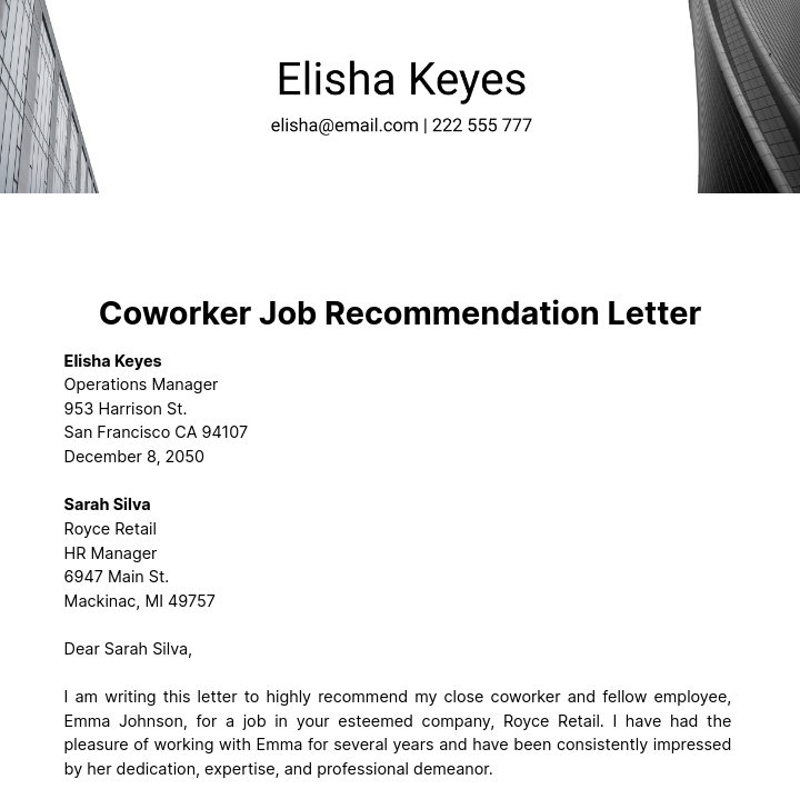 Free Coworker Job Recommendation Letter Template