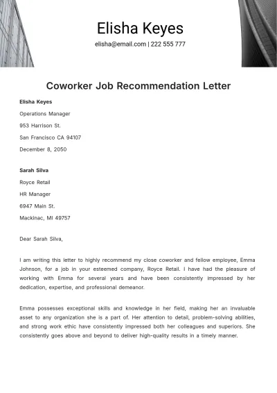 Free Coworker Job Recommendation Letter Template to Edit Online