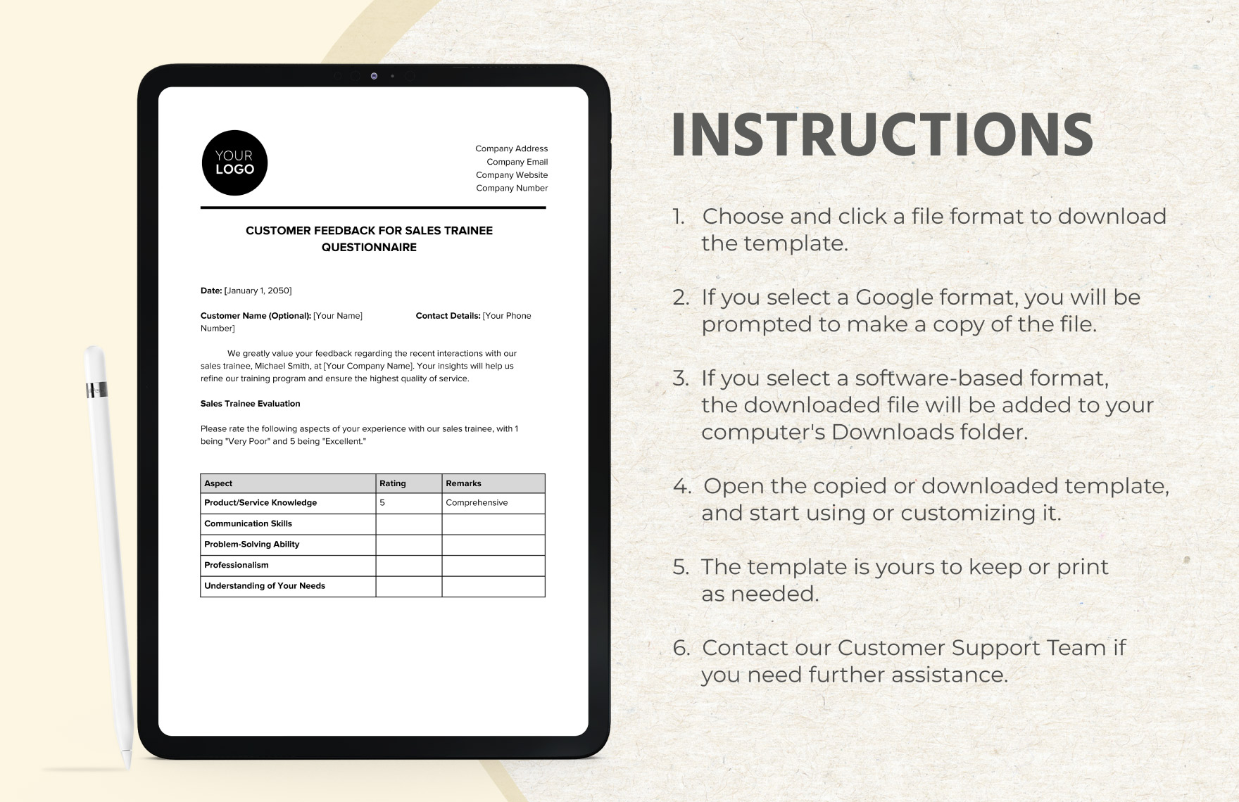 Customer Feedback for Sales Trainee Questionnaire Template