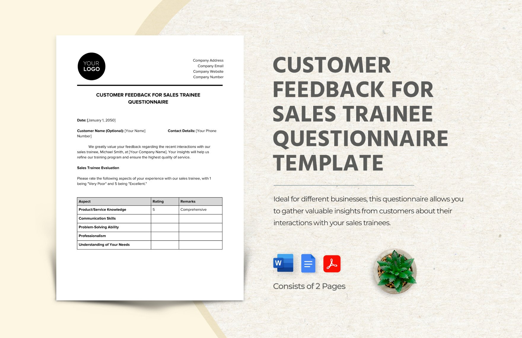 Customer Feedback for Sales Trainee Questionnaire Template in Word, Google Docs, PDF