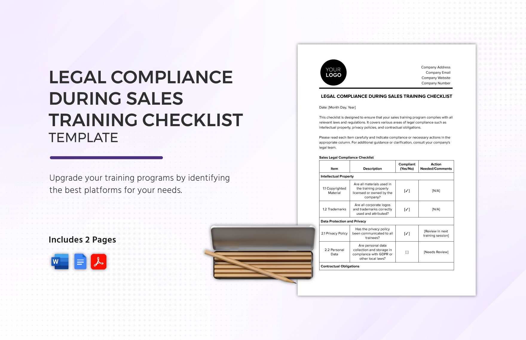 Legal Compliance During Sales Training Checklist Template in Word, Google Docs, PDF