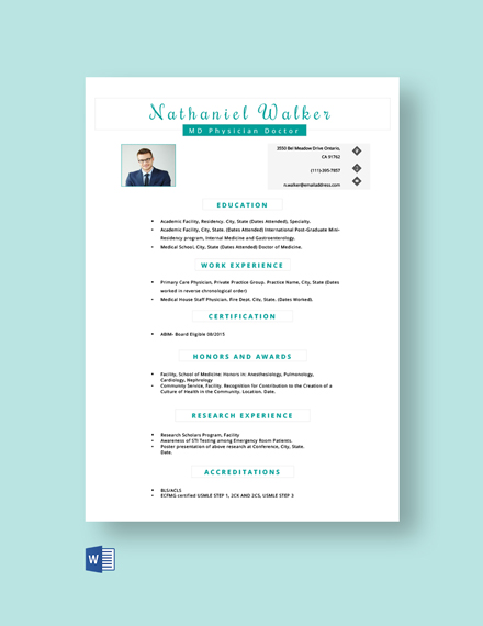 MD Physician Resume Template - Word
