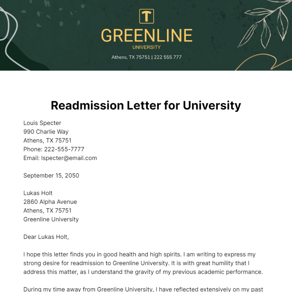 Readmission Letter for University   Template