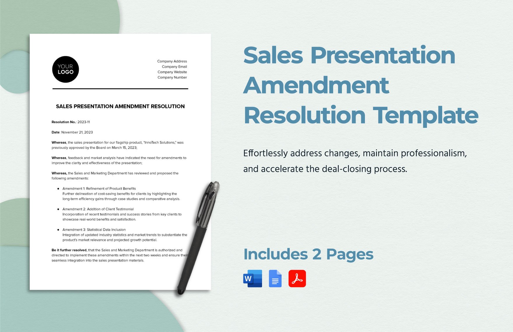 Sales Presentation Amendment Resolution Template in Word, Google Docs, PDF