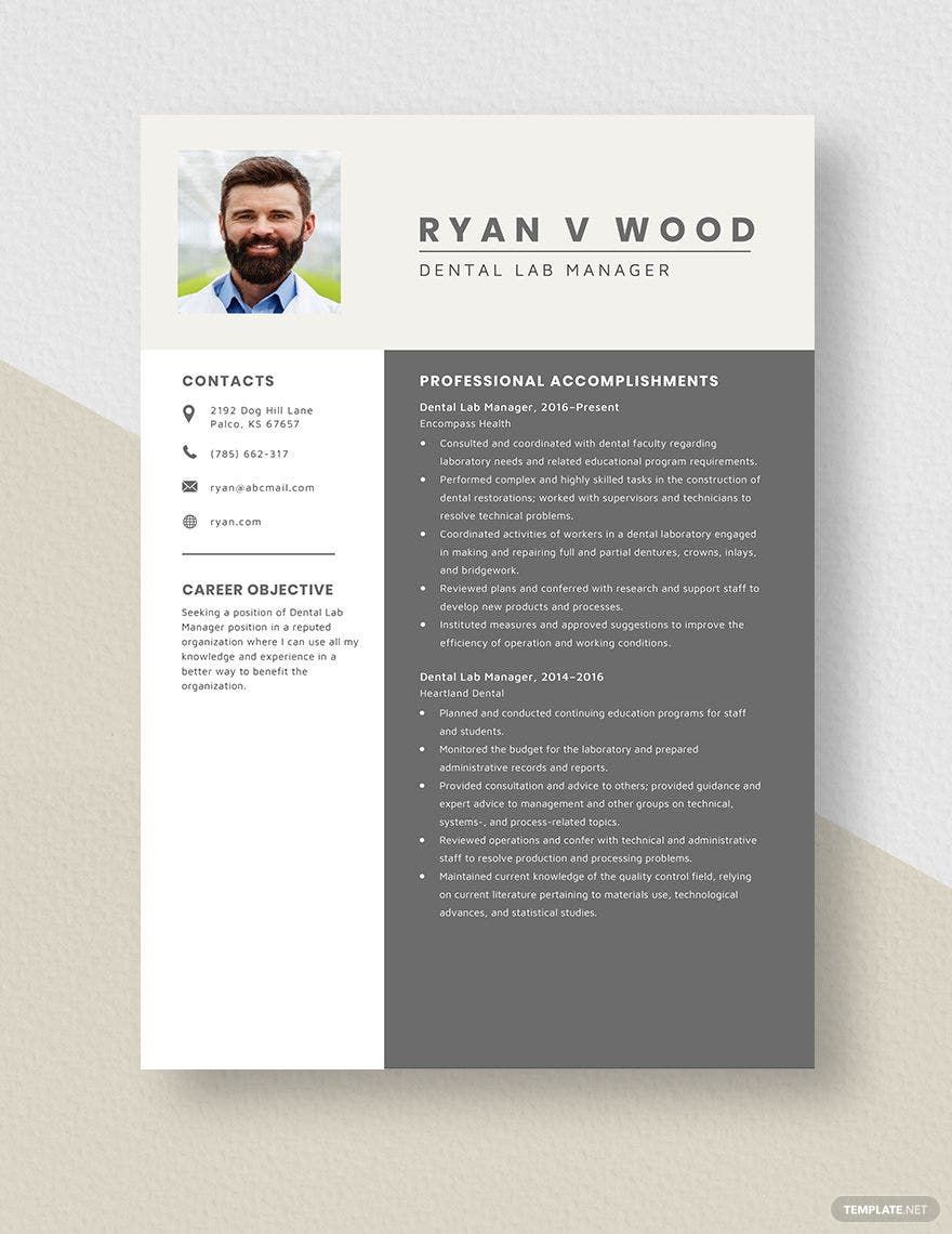 Free Dental Lab Manager Resume in Word, Apple Pages