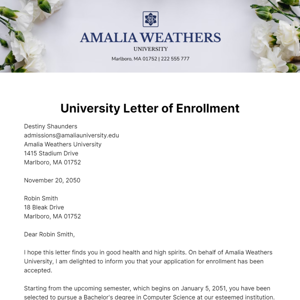 University Letter of Enrollment   Template