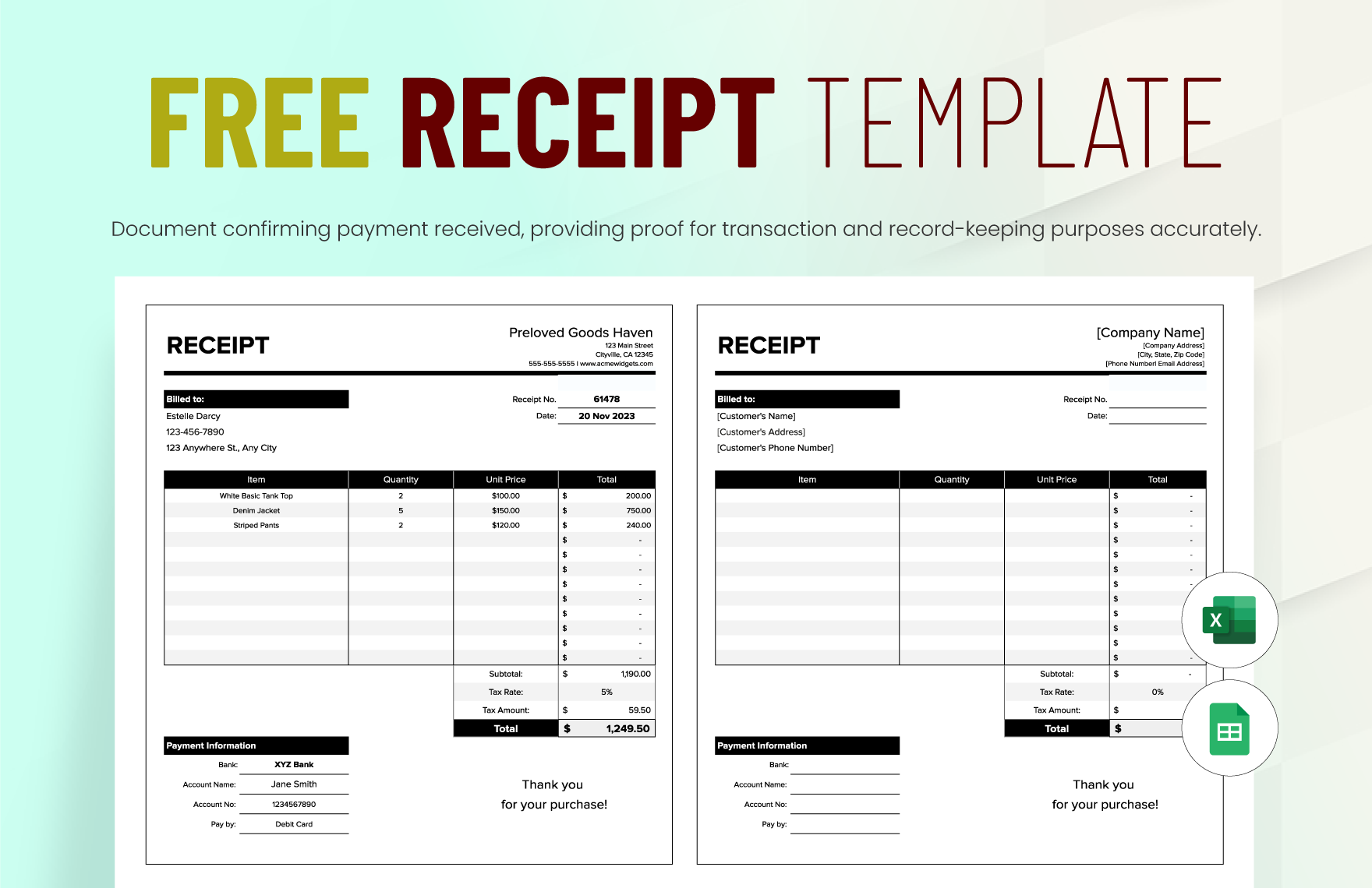 Free Receipt Template in Excel, Google Sheets