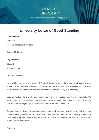 Free University Letter of Good Standing   Template to Edit Online