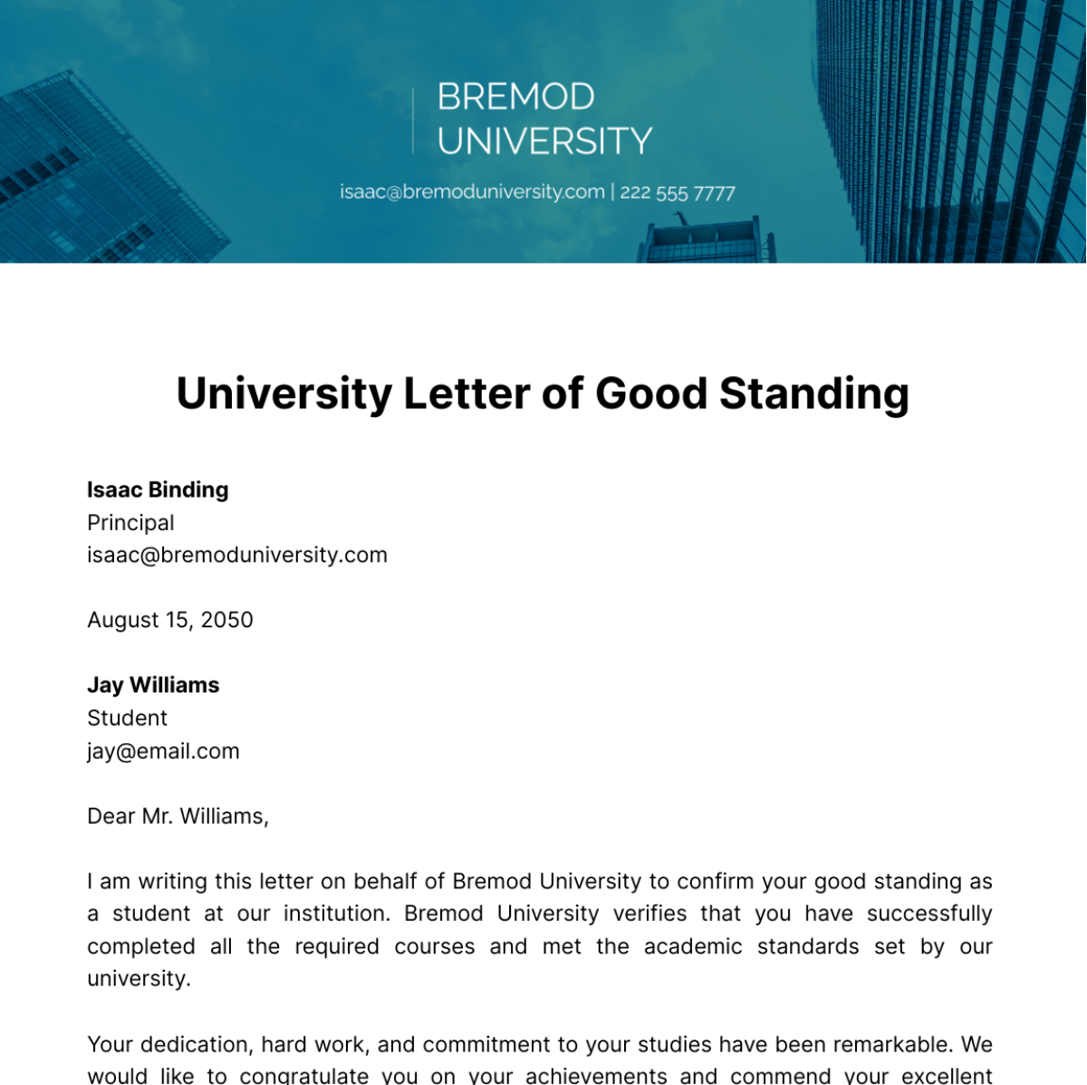 University Letter of Good Standing   Template