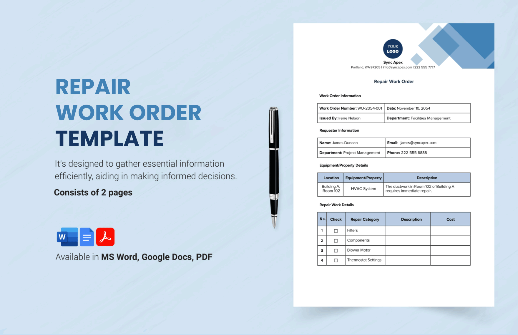 Free Repair Work Order Template in Word, Google Docs, PDF