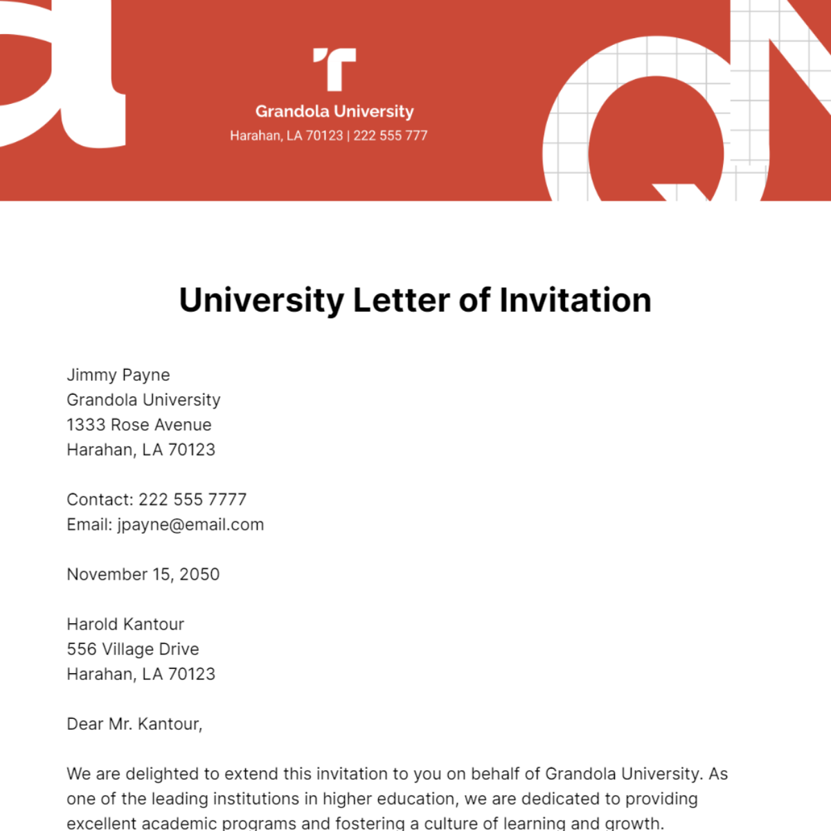 University Letter of Invitation   Template