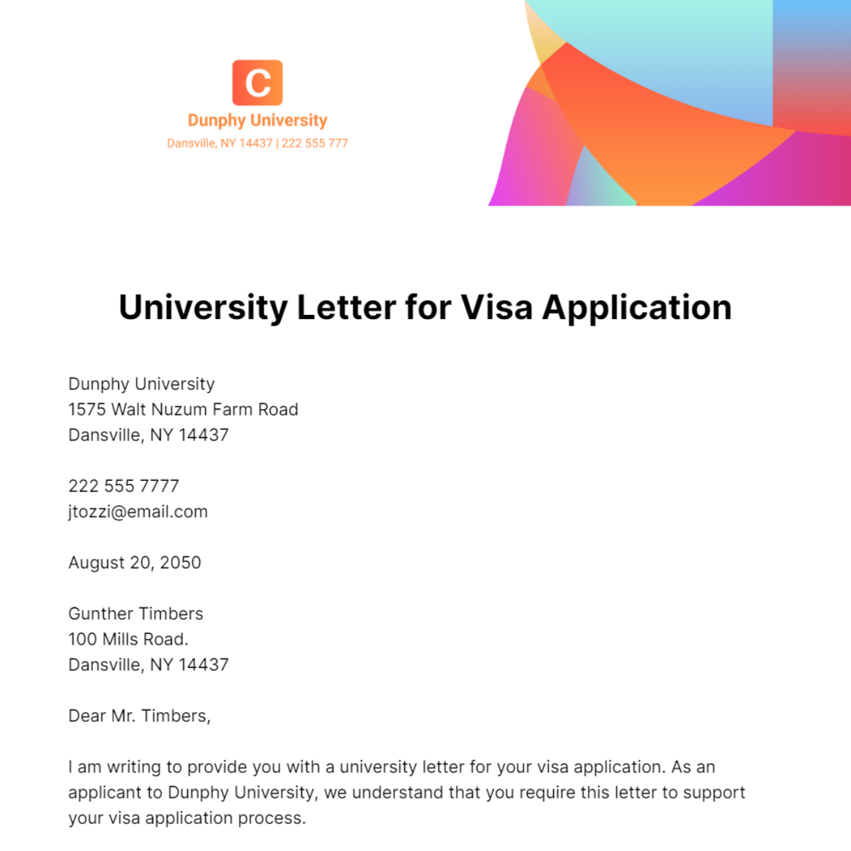 University Letter for Visa Application   Template