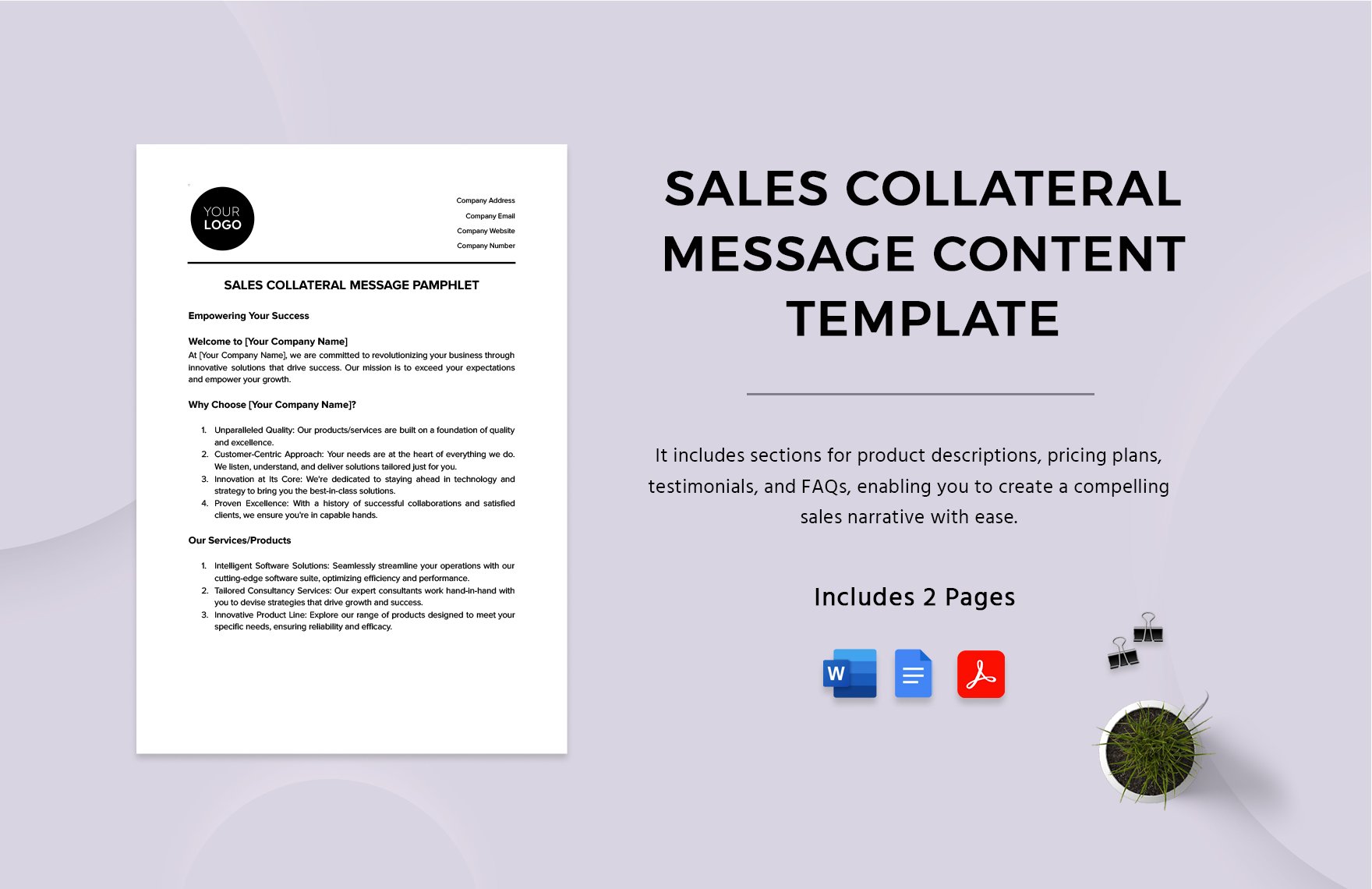 Sales Collateral Message Content Template in Word, Google Docs, PDF