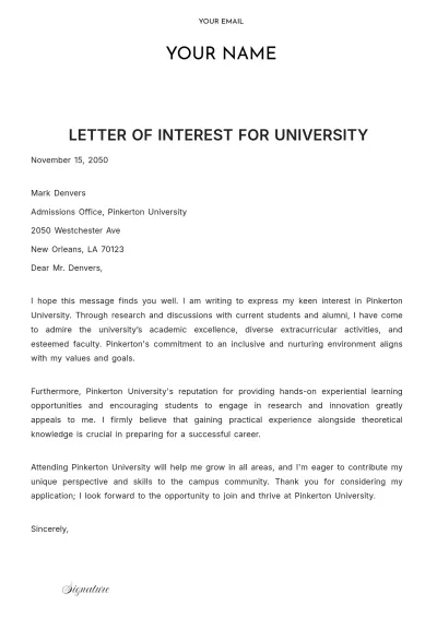 Free Letter of Interest for University Template to Edit Online