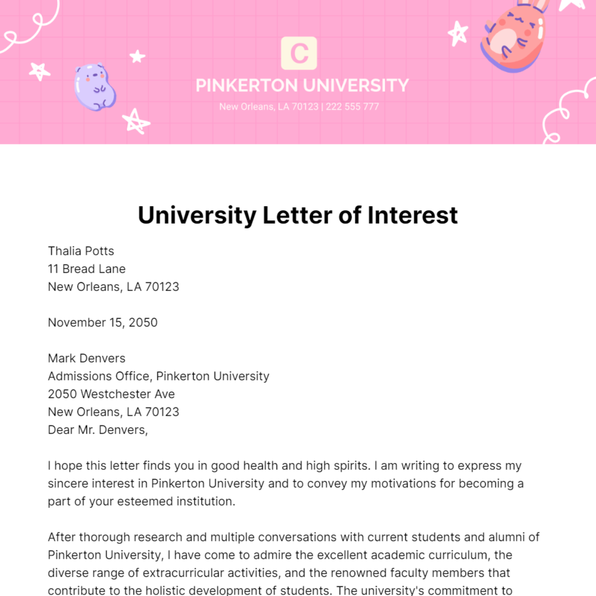 University Letter of Interest   Template