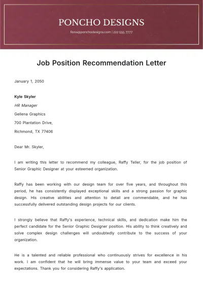 Free Job Position Recommendation Letter   Template to Edit Online
