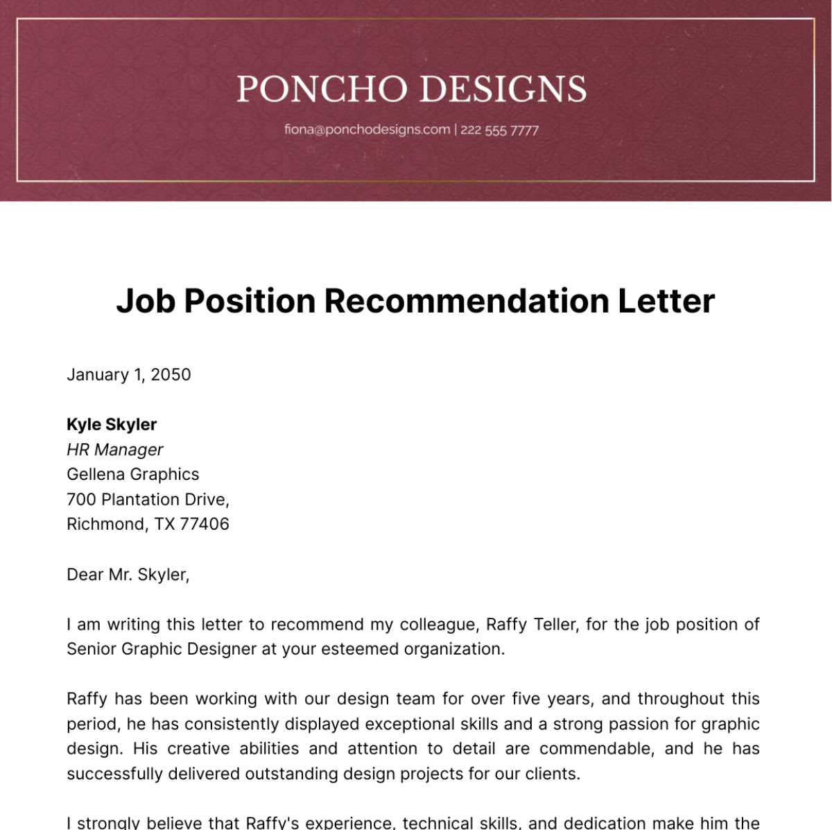 Free Job Position Recommendation Letter   Template