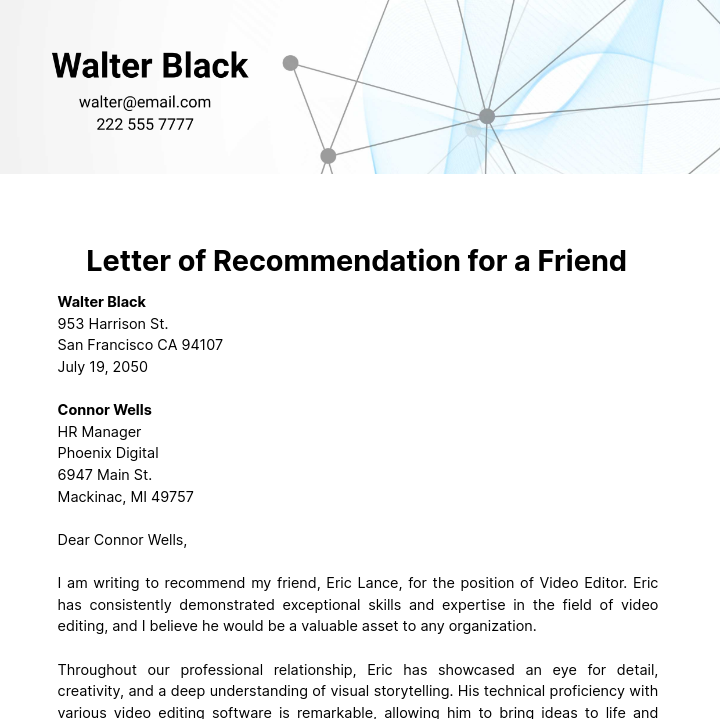 Free Letter of Recommendation for a Friend   Template