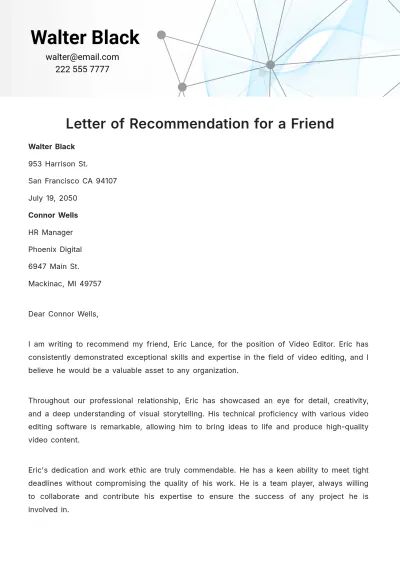 Free Friend Format Recommendation Letter Template to Edit Online