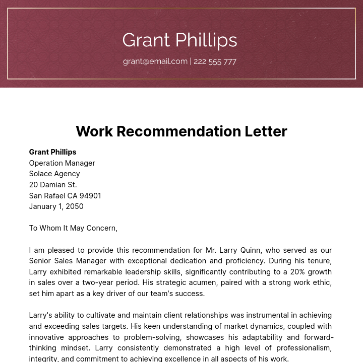 Free Work Recommendation Letter   Template