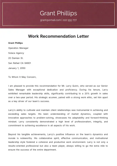 Free Work Recommendation Letter   Template to Edit Online