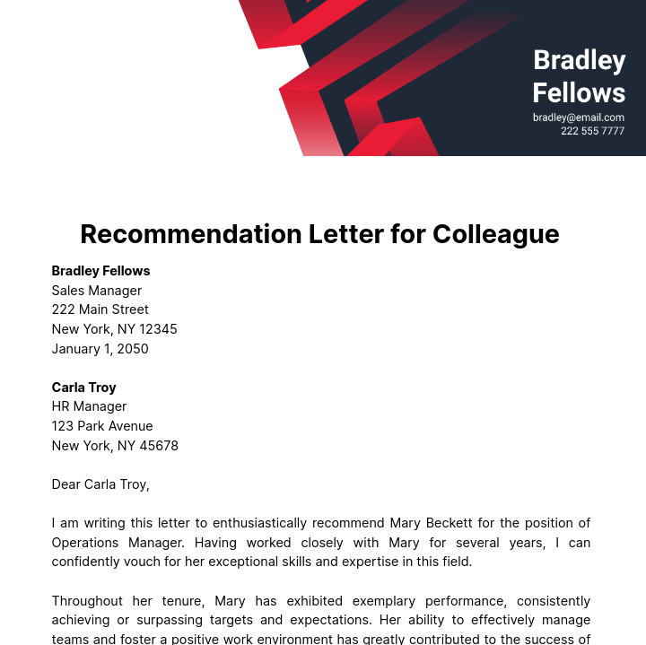 Recommendation Letter for Colleague   Template