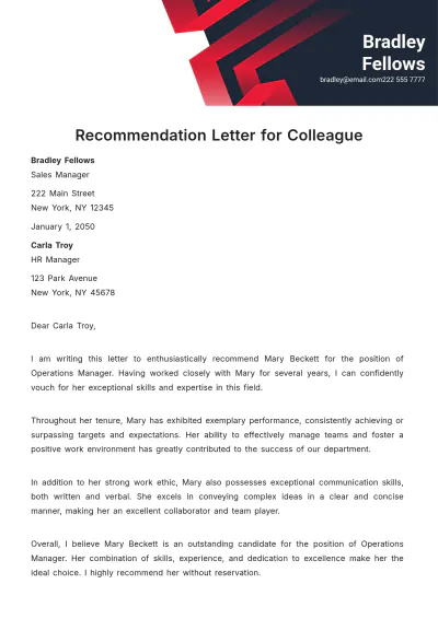 Free Recommendation Letter for Colleague   Template to Edit Online