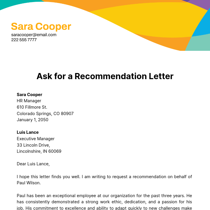 Free Ask for Recommendation Letter   Template
