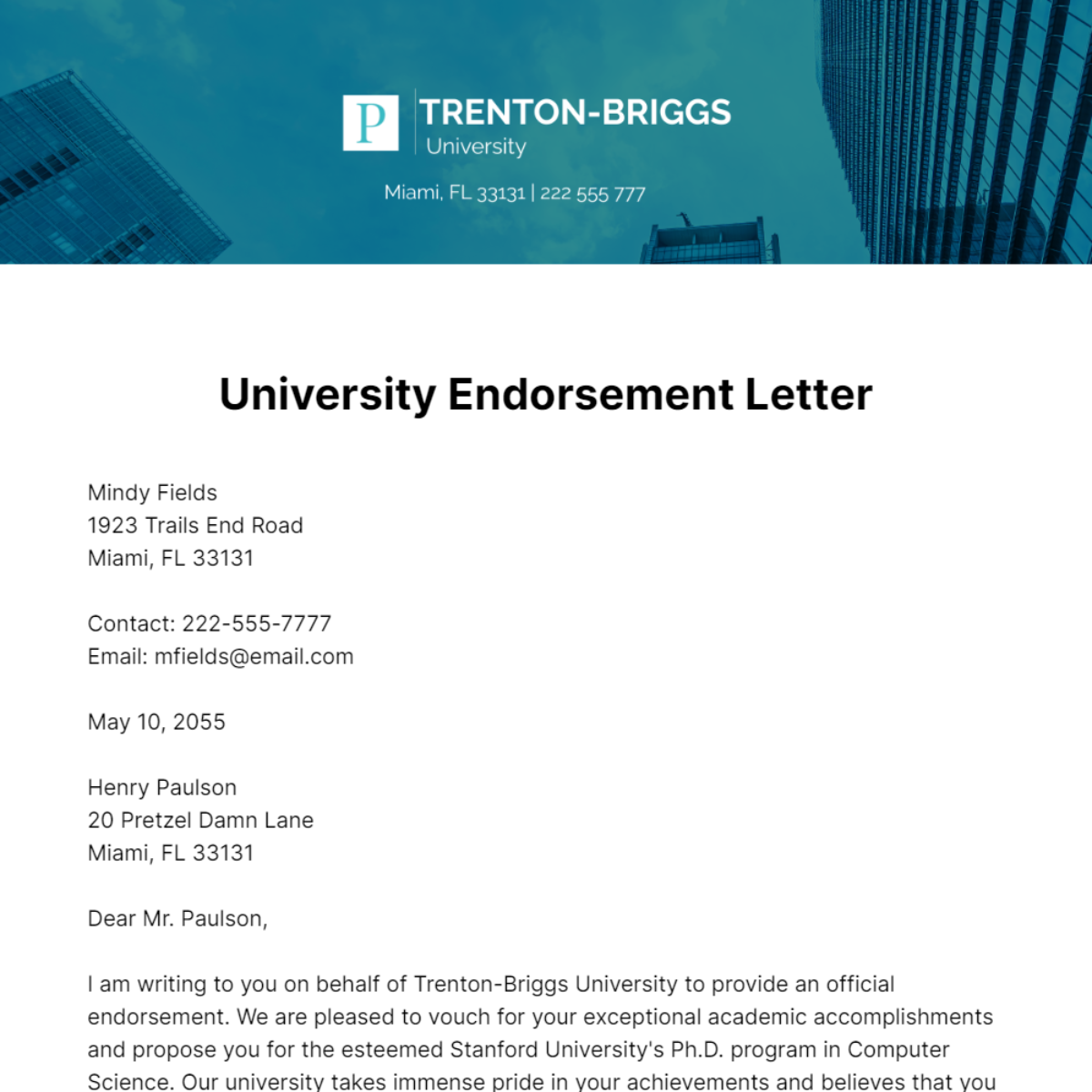 University Endorsement Letter   Template