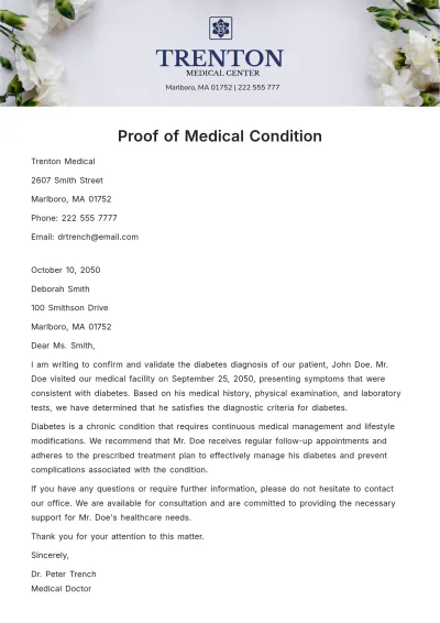 Free Proof of Medical Condition Letter   Template to Edit Online