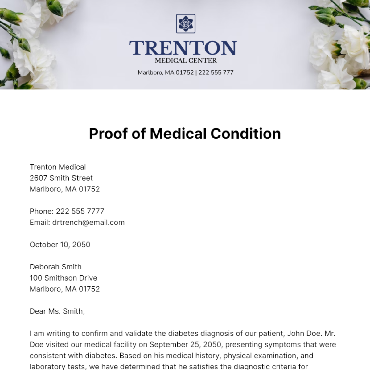 Proof of Medical Condition Letter   Template