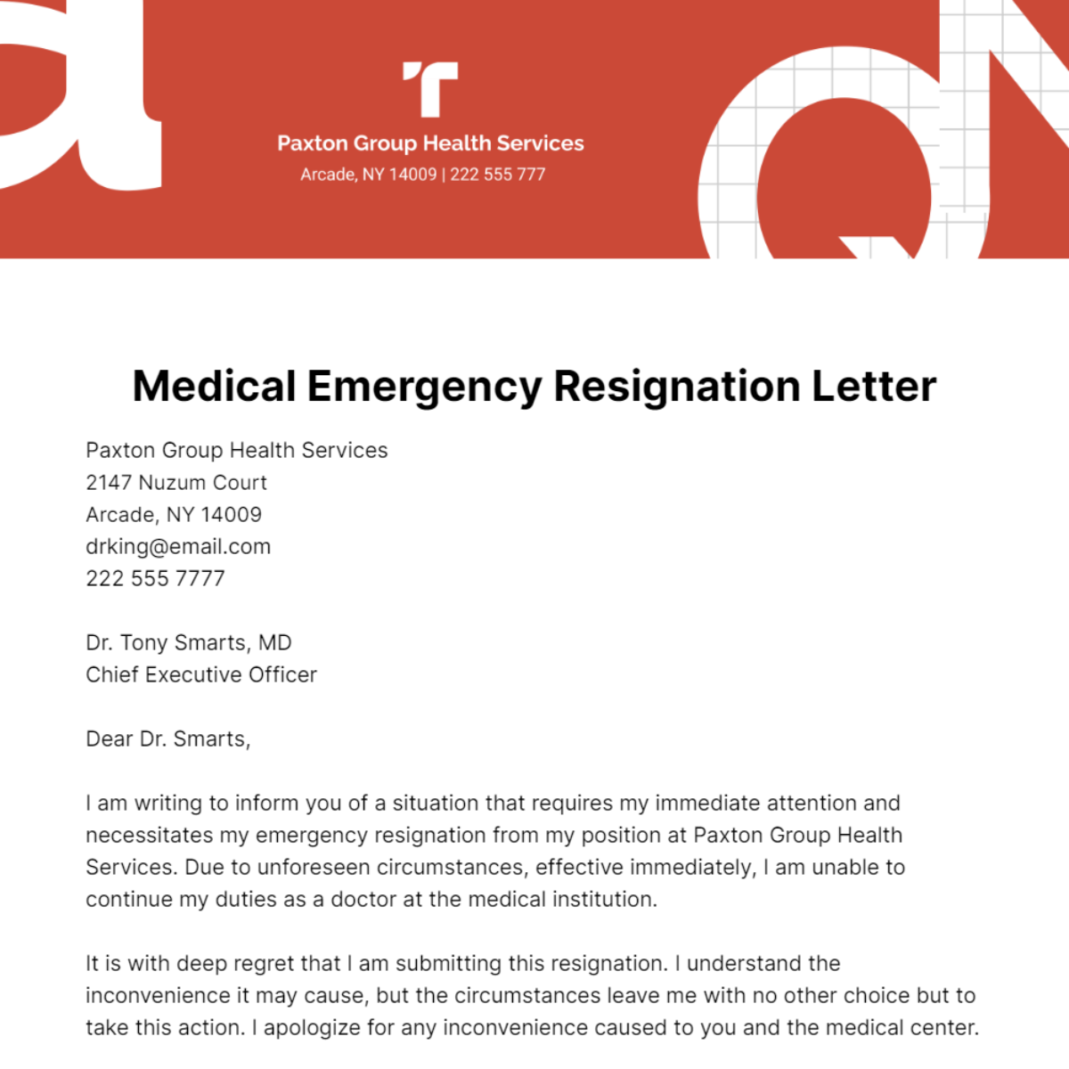 Medical Emergency Resignation Letter   Template