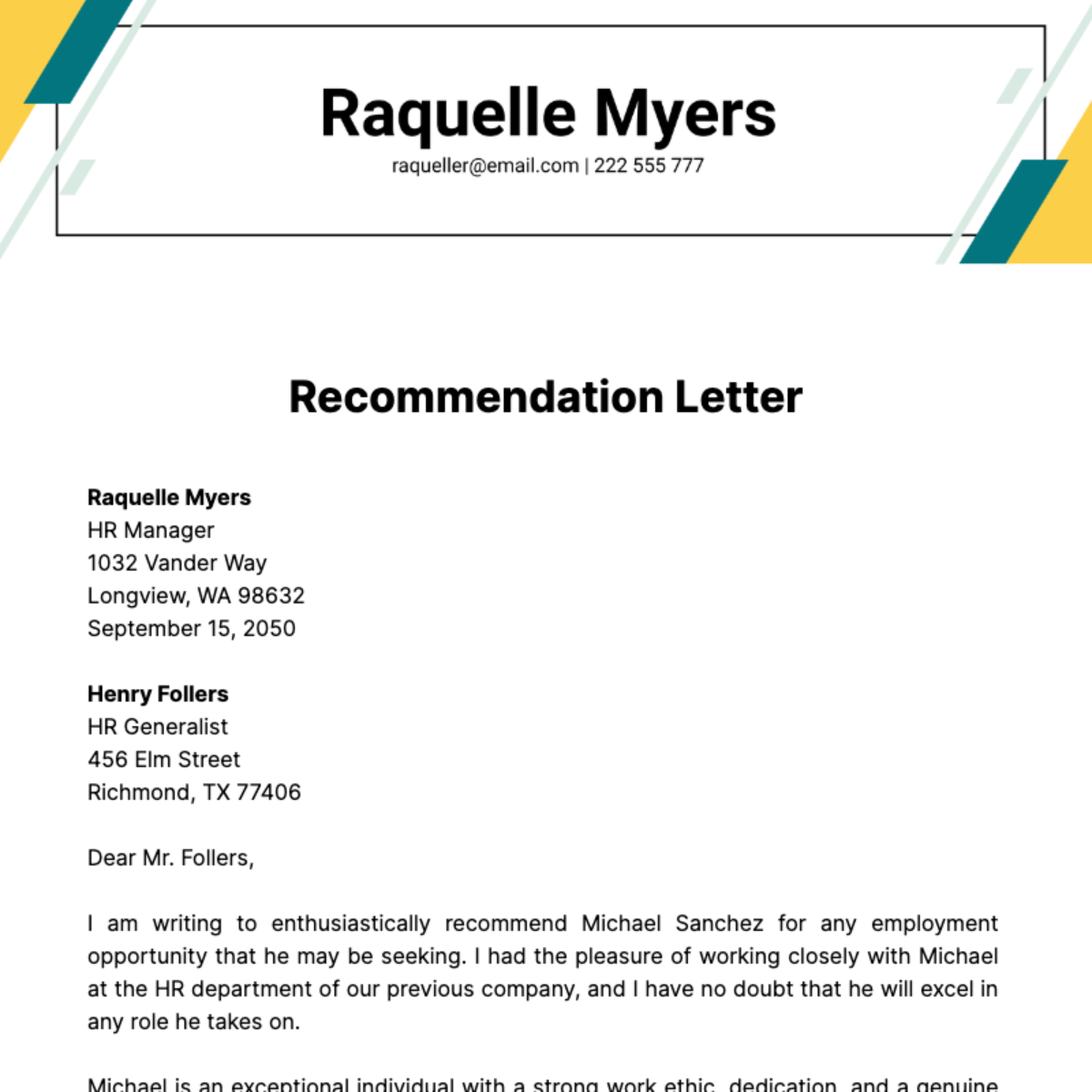 Basic Recommendation Letter   Template