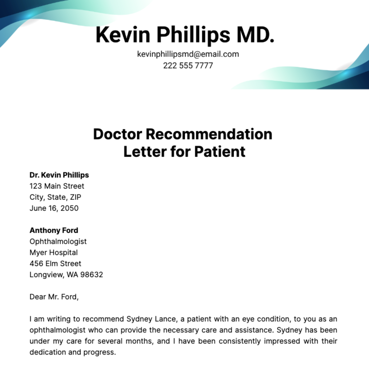 Free Doctor Recommendation Letter for Patient   Template