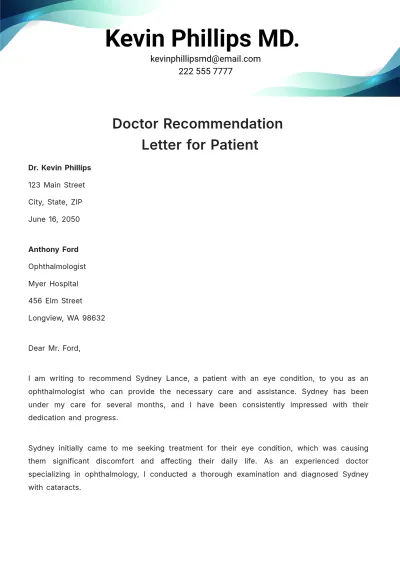 Free Doctor Recommendation Letter for Patient   Template to Edit Online