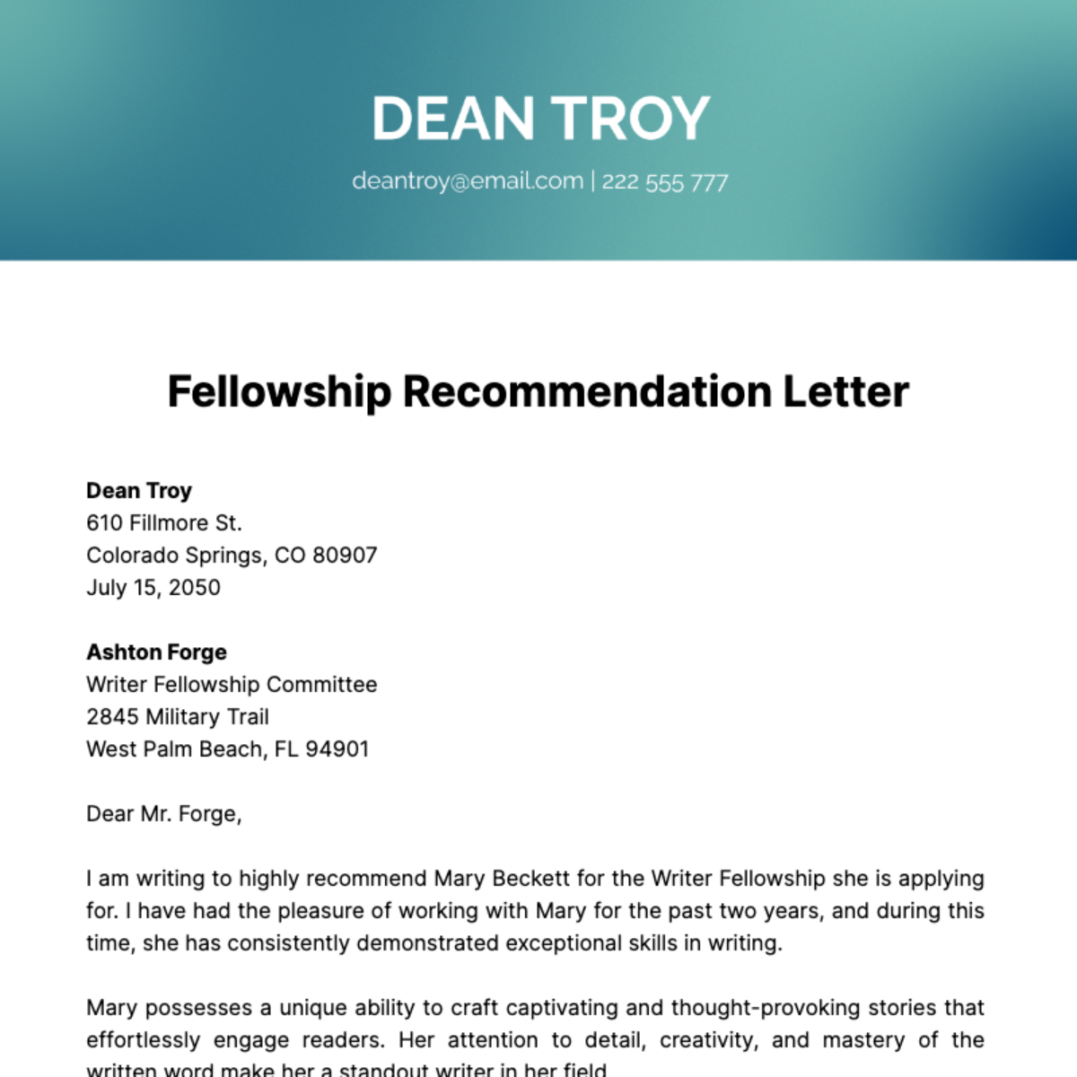 Free Fellowship Recommendation Letter   Template