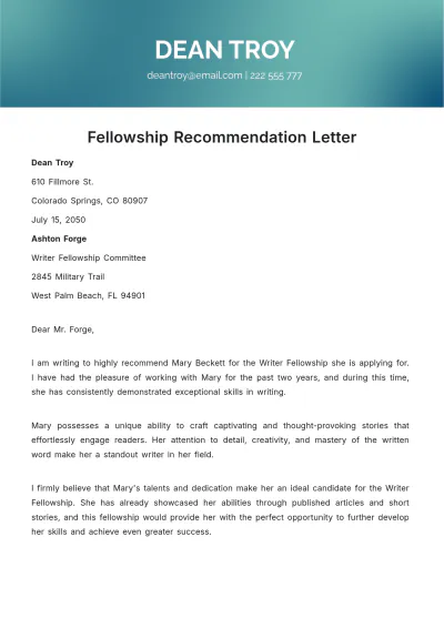 Free Fellowship Recommendation Letter   Template to Edit Online