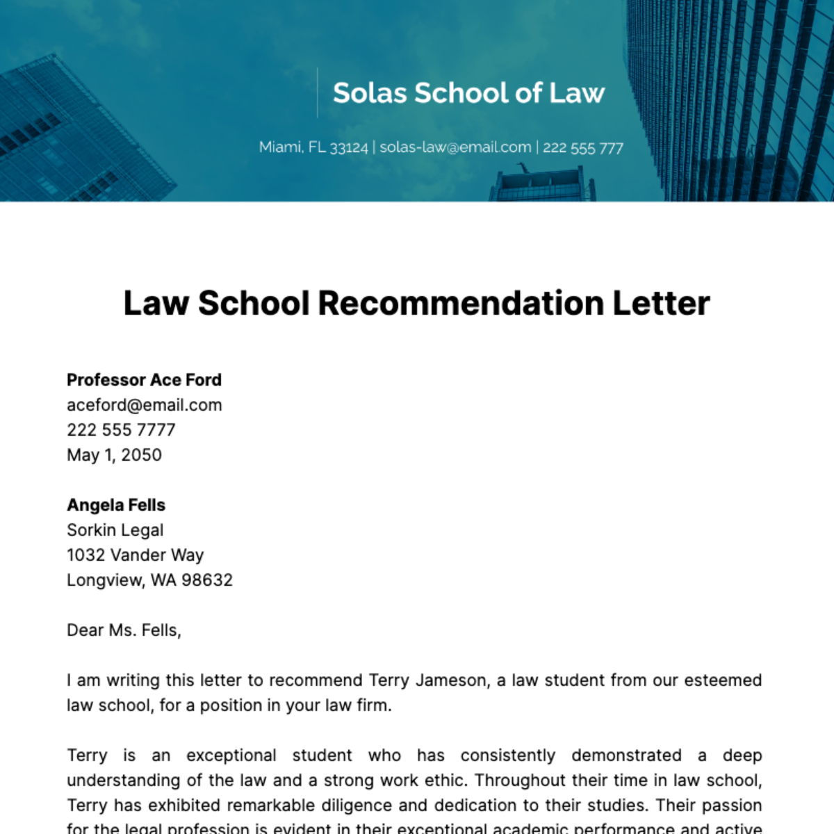 Law School Recommendation Letter  Template