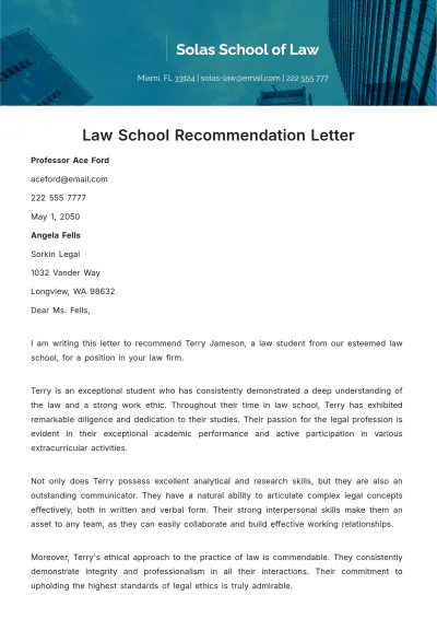 Free Law School Recommendation Letter  Template to Edit Online