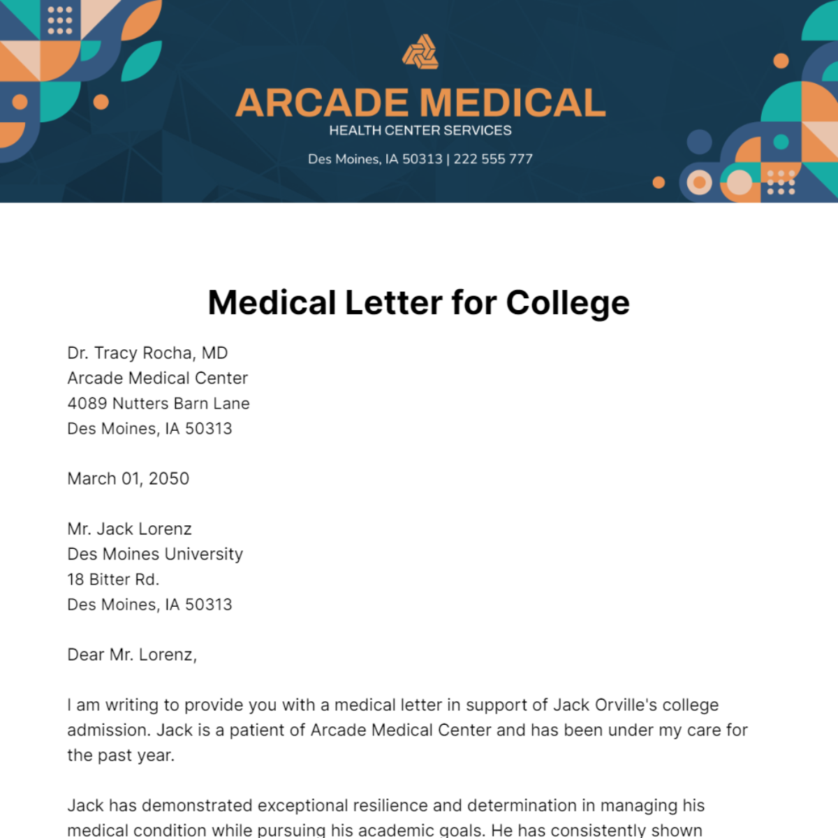 Medical Letter for College   Template
