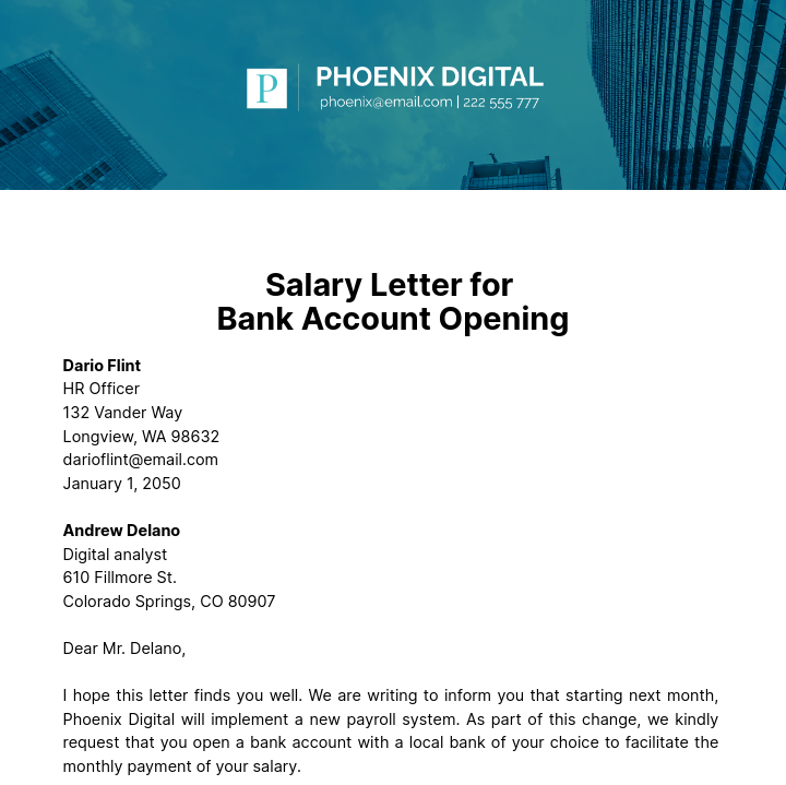 Free Salary Letter for Bank Account Opening  Template