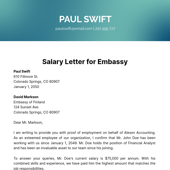 Salary Letter for Embassy   Template