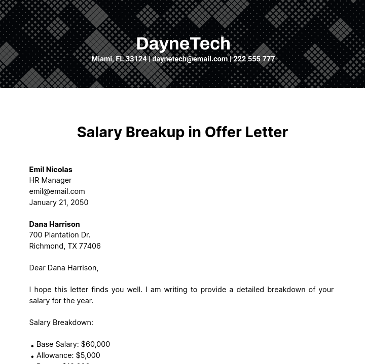 Salary Breakup in Offer Letter   Template
